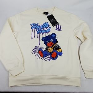 Bleecker & Mercer Sweatshirt Size Large L Beige Graphic Shirt Bear, Hustle Hard.